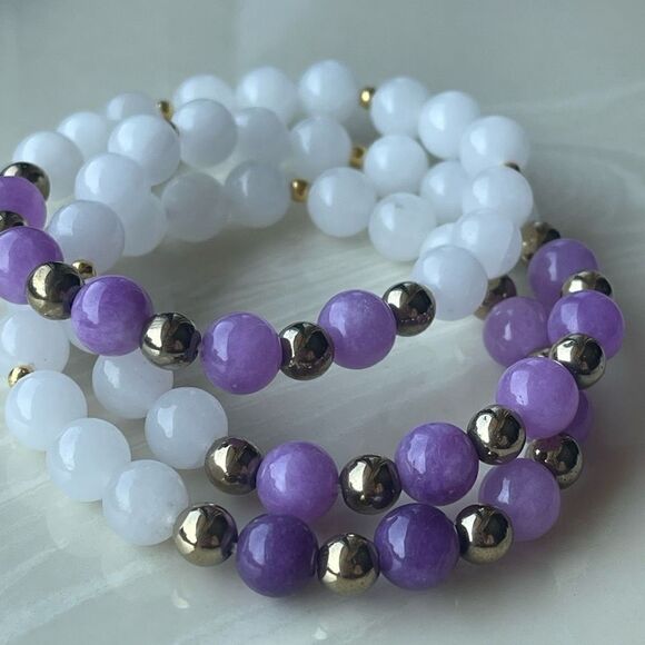 Lepidolite pyrite white jade NEW stretch bracelet ONE meditation yoga - Picture 6 of 12